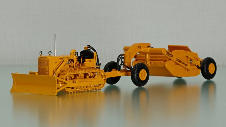 Caterpillar D6 9U Series crawler dozer with LaPlant-Choate TW-10 Carrimor towed hydraulic scraper