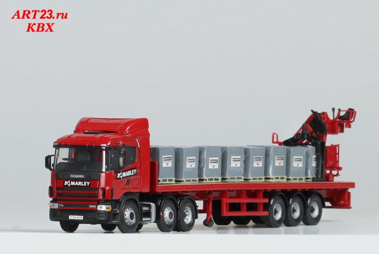 Scania 114L-380 «Marley Building Materials Ltd.» truck tractor with semi-trailer-platform and crane Atlas
