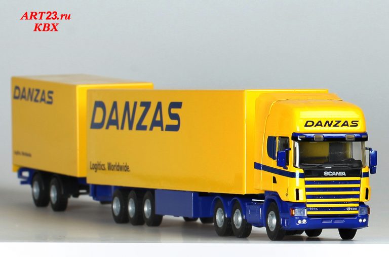 Road train LZV «Danzas» from saddle tractor Scania R164G-580, semi-trailer-vans and trailer-vans