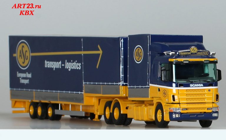 Scania R144L 470 Topline «ASG Transport Spedition» elongated truck tractor with low-frame semi-trailer-awning