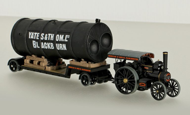 Fowler B6 «Norman E Box LTD» road tractor with steam engine «Vulcan» and trailer — low-frame treller and cargo-steam boiler