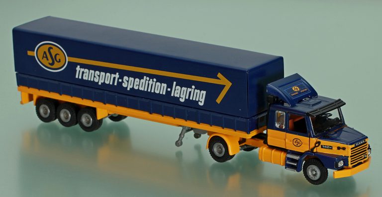 Scania T142H 40 «ASG Transport Spedition» truck tractor with 3-Axle semi-trailer-awning
